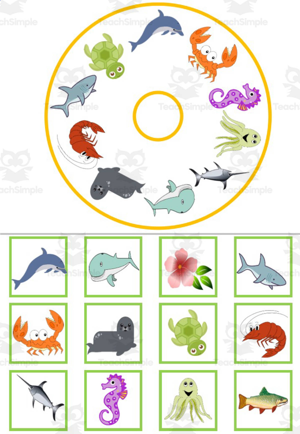 An educational teaching resource from WORDS ASIDE entitled MATCHING & MEMORY CARDS AND WHEELS| WATER ANIMALS downloadable at Teach Simple.