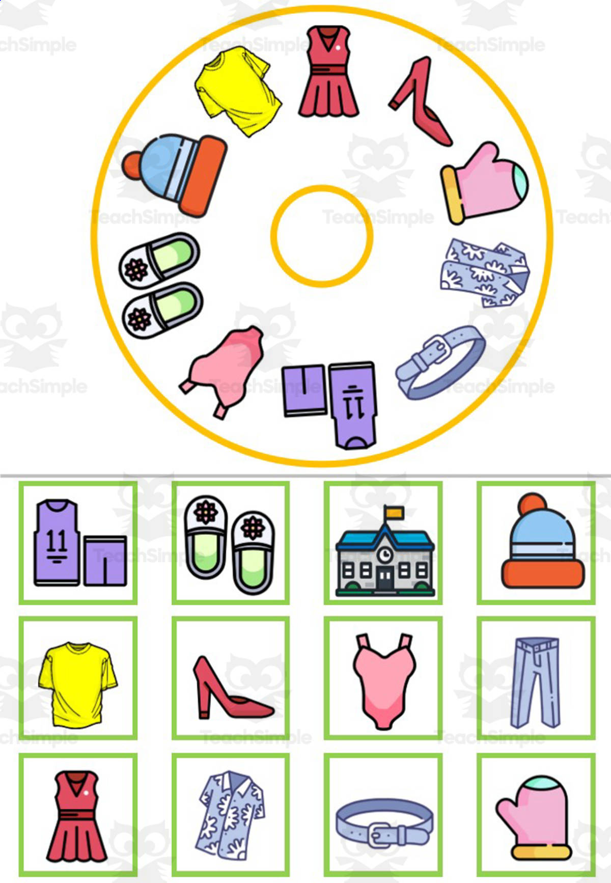 An educational teaching resource from WORDS ASIDE entitled MATCHING & MEMORY CARDS AND WHEELS| WEAR downloadable at Teach Simple.