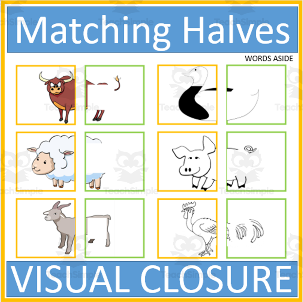 An educational teaching resource from WORDS ASIDE entitled Matching Animals Halves Visual Closure downloadable at Teach Simple.