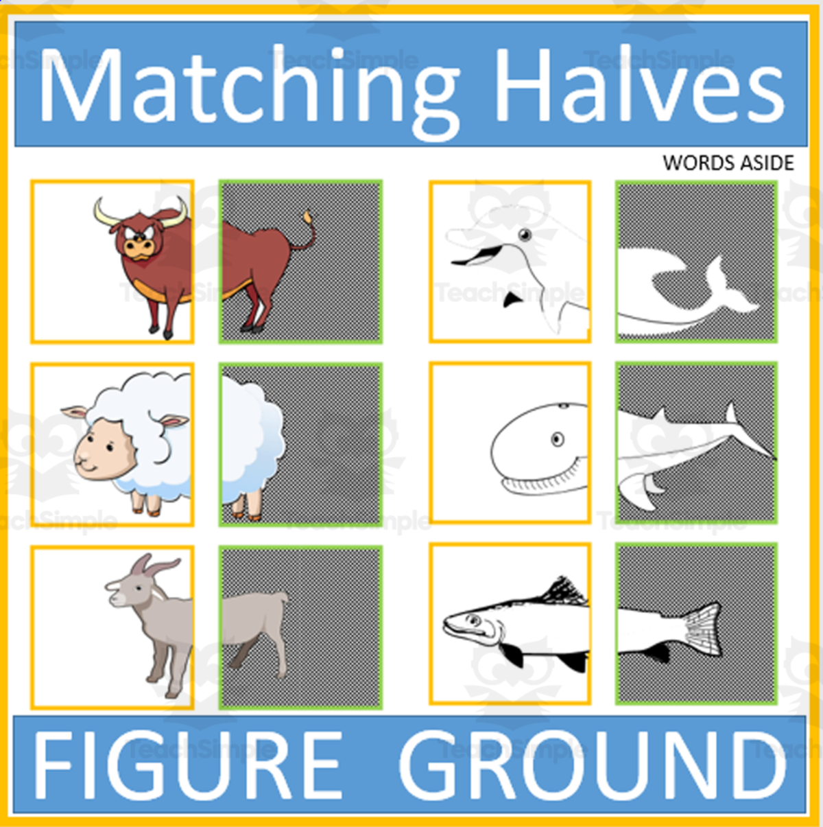 An educational teaching resource from WORDS ASIDE entitled Matching Animals Halves Visual Figure Ground downloadable at Teach Simple.