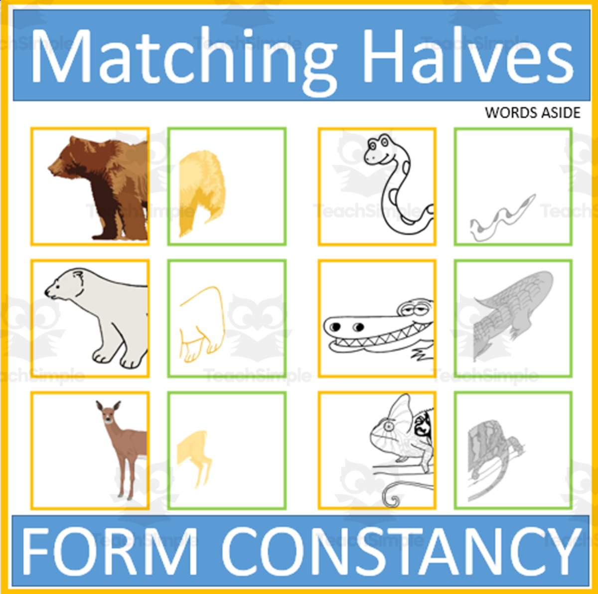An educational teaching resource from WORDS ASIDE entitled Matching Animals Halves Visual Form Constancy downloadable at Teach Simple.