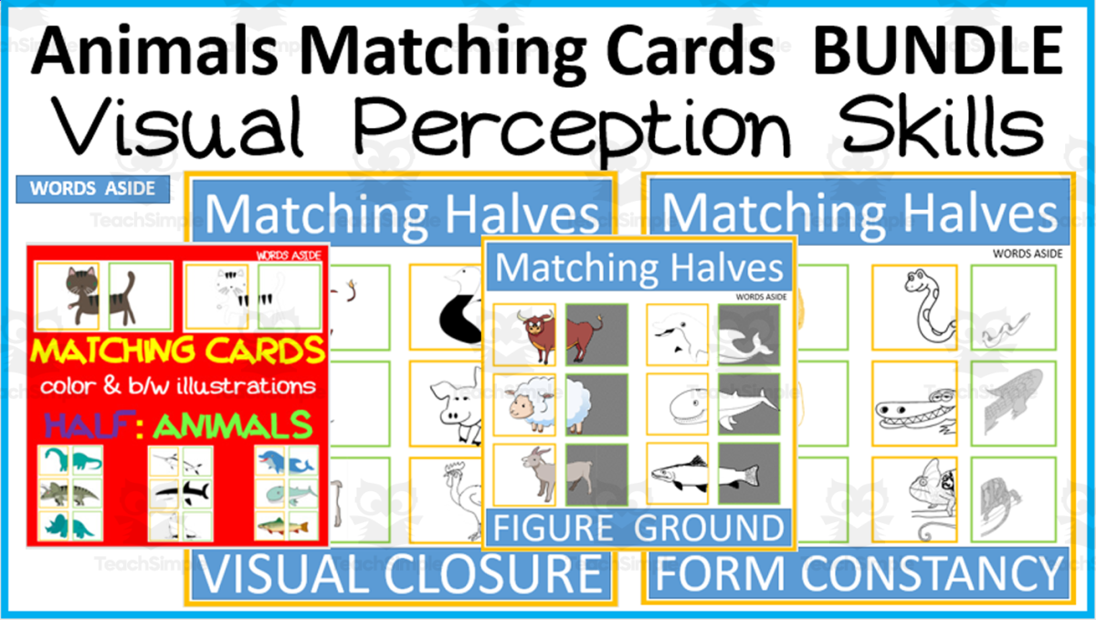 An educational teaching resource from WORDS ASIDE entitled Matching Animals Halves Visual Perception BUNDLE downloadable at Teach Simple.