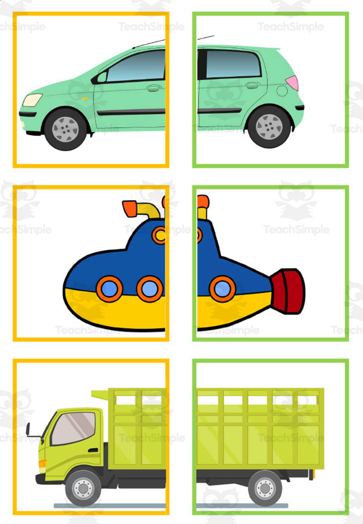 An educational teaching resource from WORDS ASIDE entitled Matching Card Halves: Vehicles + Tools Pack downloadable at Teach Simple.