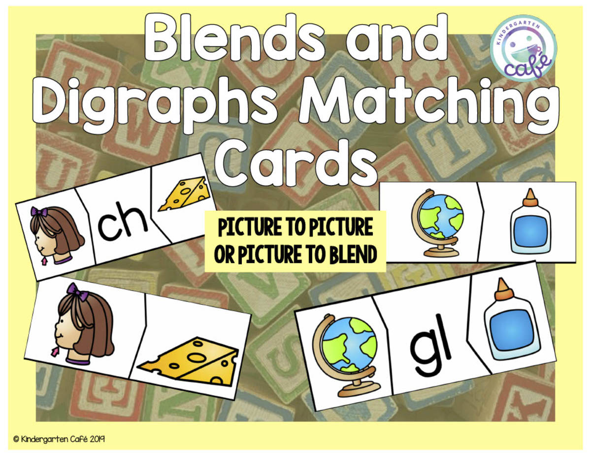 An educational teaching resource from Kindergarten Cafe entitled Matching Cards Activity: Blends and Digraphs downloadable at Teach Simple.