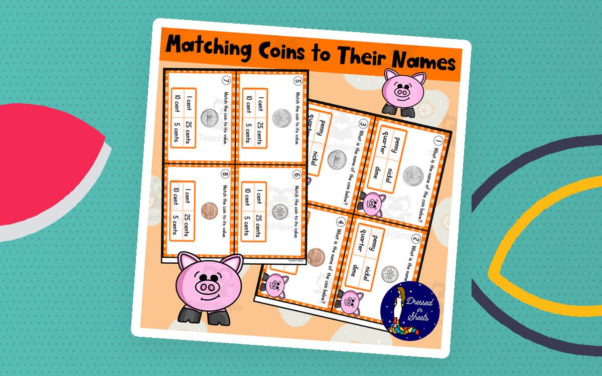 An educational teaching resource from Soumara Siddiqui entitled Matching Coins to Their Names Task Cards downloadable at Teach Simple.