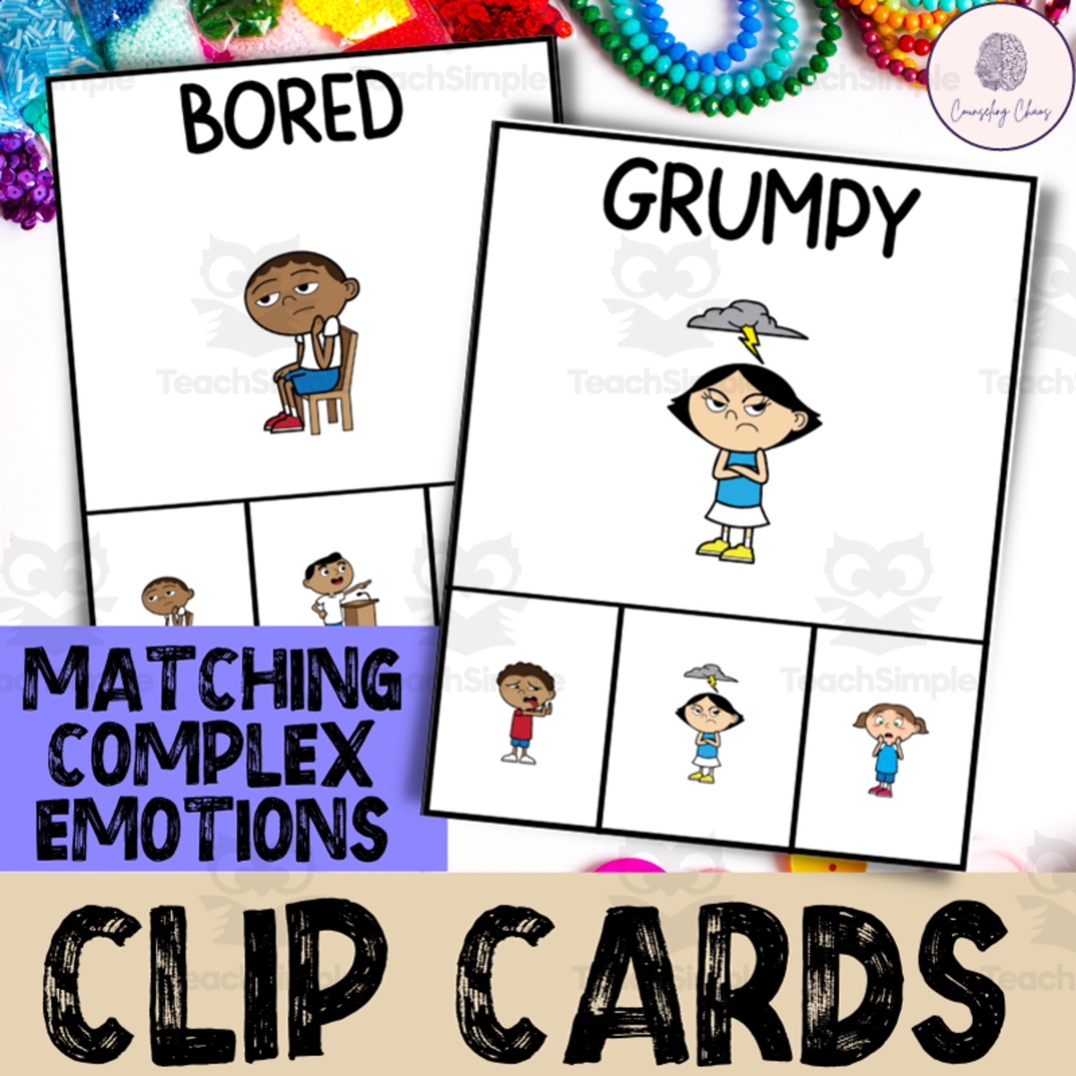 An educational teaching resource from The Feelings and Friends Teacher entitled Matching Complex Emotions Clip Cards For Elementary Students downloadable at Teach Simple.