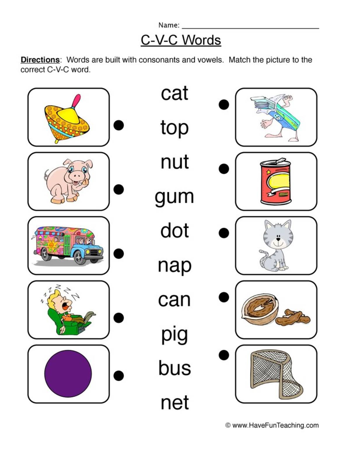 An educational teaching resource from Have Fun Teaching entitled Matching CVC Worksheet downloadable at Teach Simple.