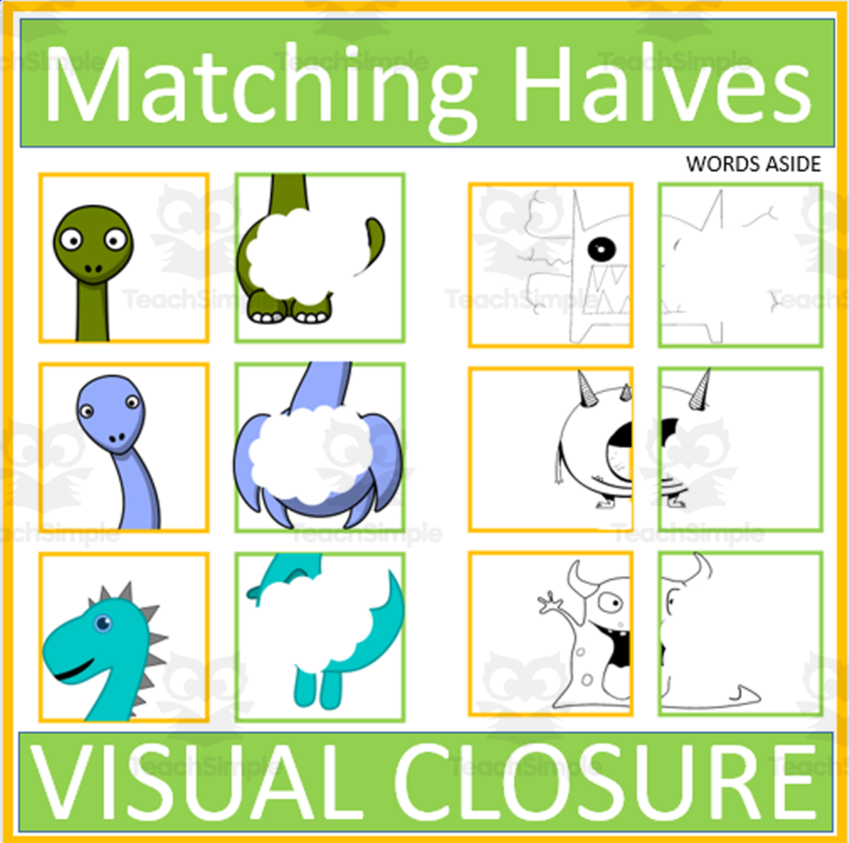 An educational teaching resource from WORDS ASIDE entitled Matching Dinosaurs and Monsters Halves Visual Closure downloadable at Teach Simple.