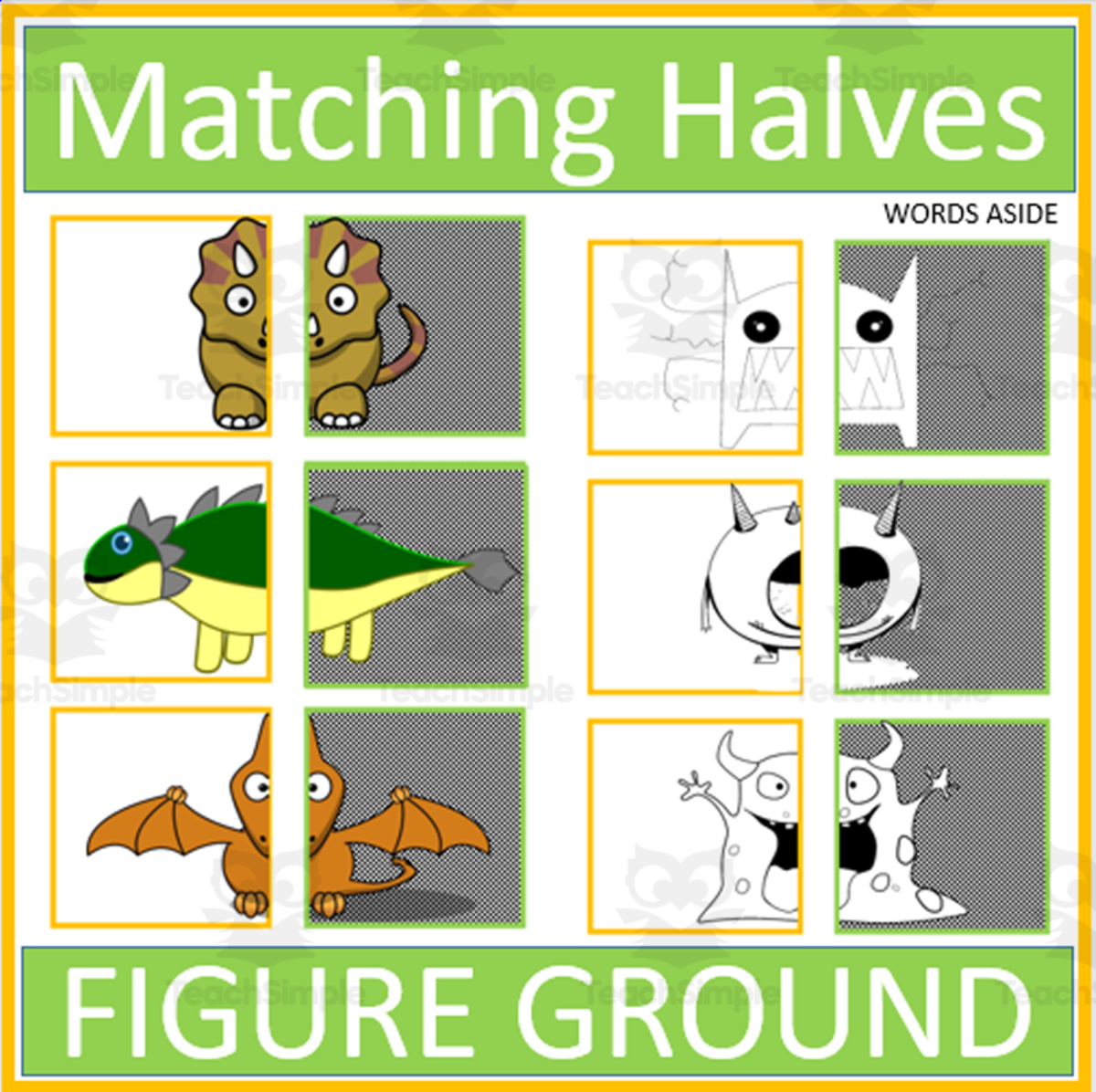 An educational teaching resource from WORDS ASIDE entitled Matching Dinosaurs and Monsters Visual Figure Ground downloadable at Teach Simple.