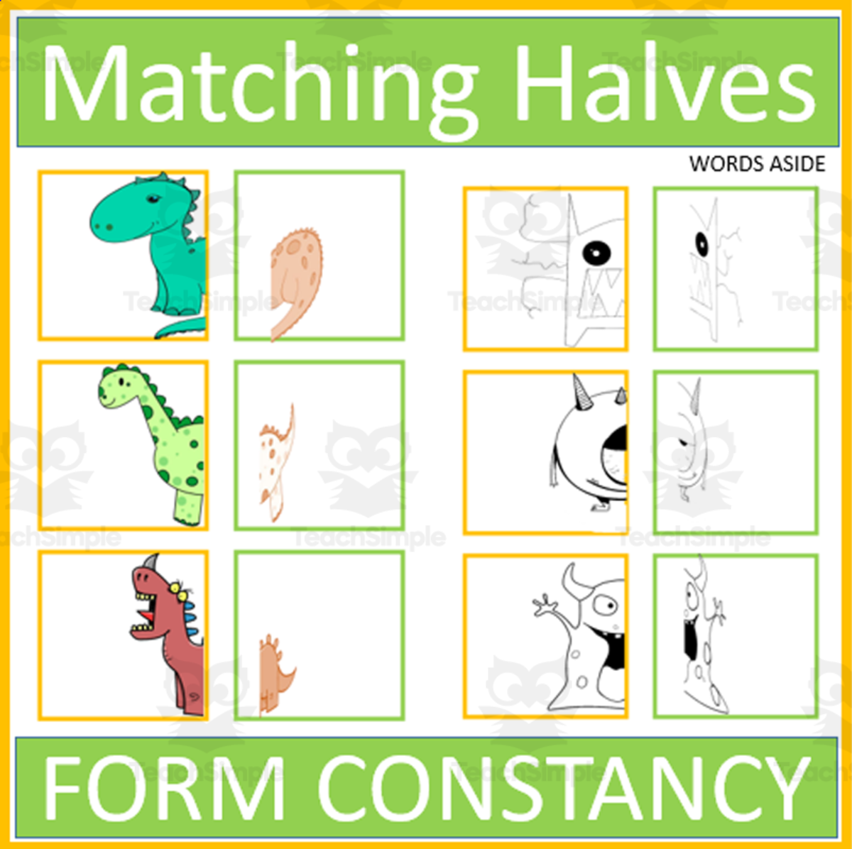 An educational teaching resource from WORDS ASIDE entitled Matching Dinosaurs and Monsters Visual Form Constancy downloadable at Teach Simple.