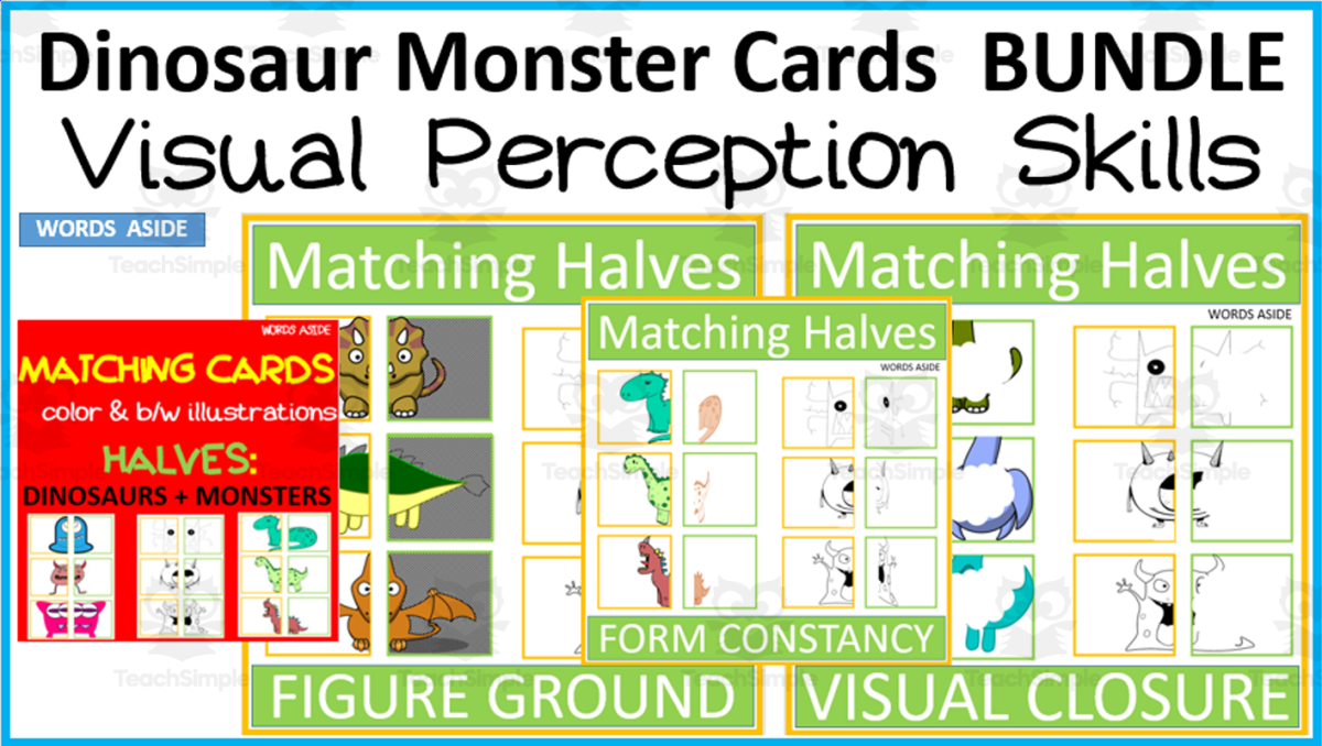 An educational teaching resource from WORDS ASIDE entitled Matching Dinosaurs and Monsters Visual Perception BUNDLE downloadable at Teach Simple.