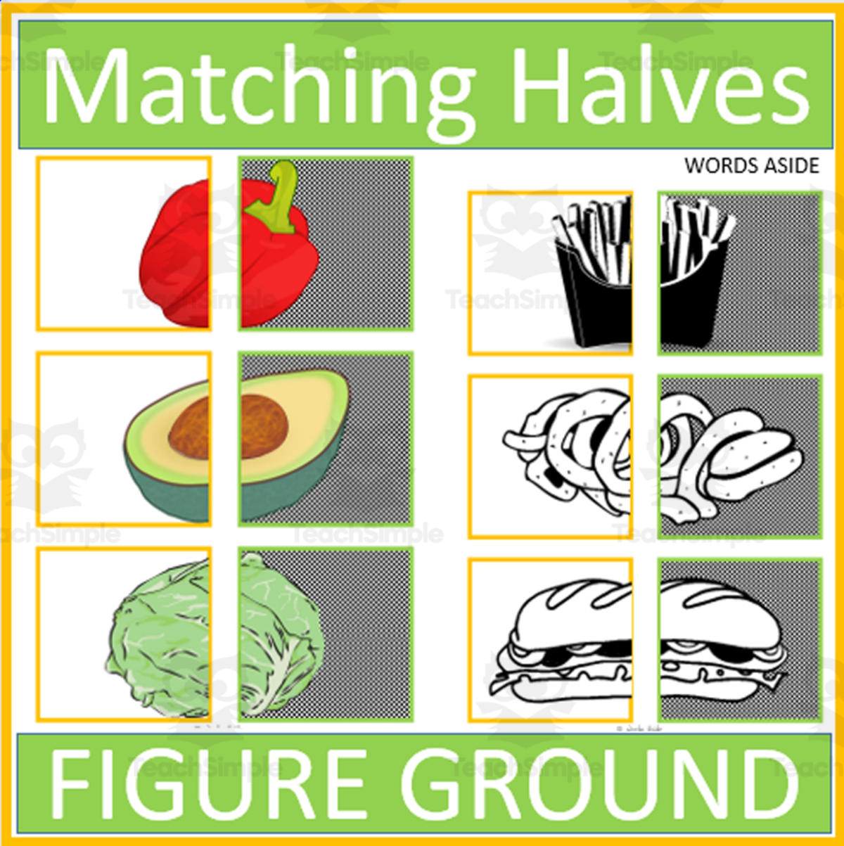 An educational teaching resource from WORDS ASIDE entitled Matching Food Halves Visual Figure Ground downloadable at Teach Simple.