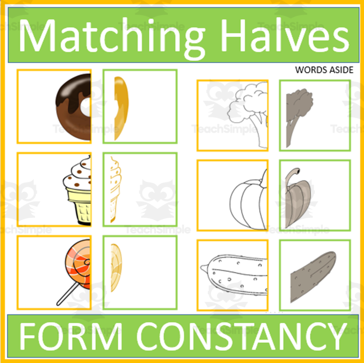 An educational teaching resource from WORDS ASIDE entitled Matching Food Halves Visual Form Constancy downloadable at Teach Simple.
