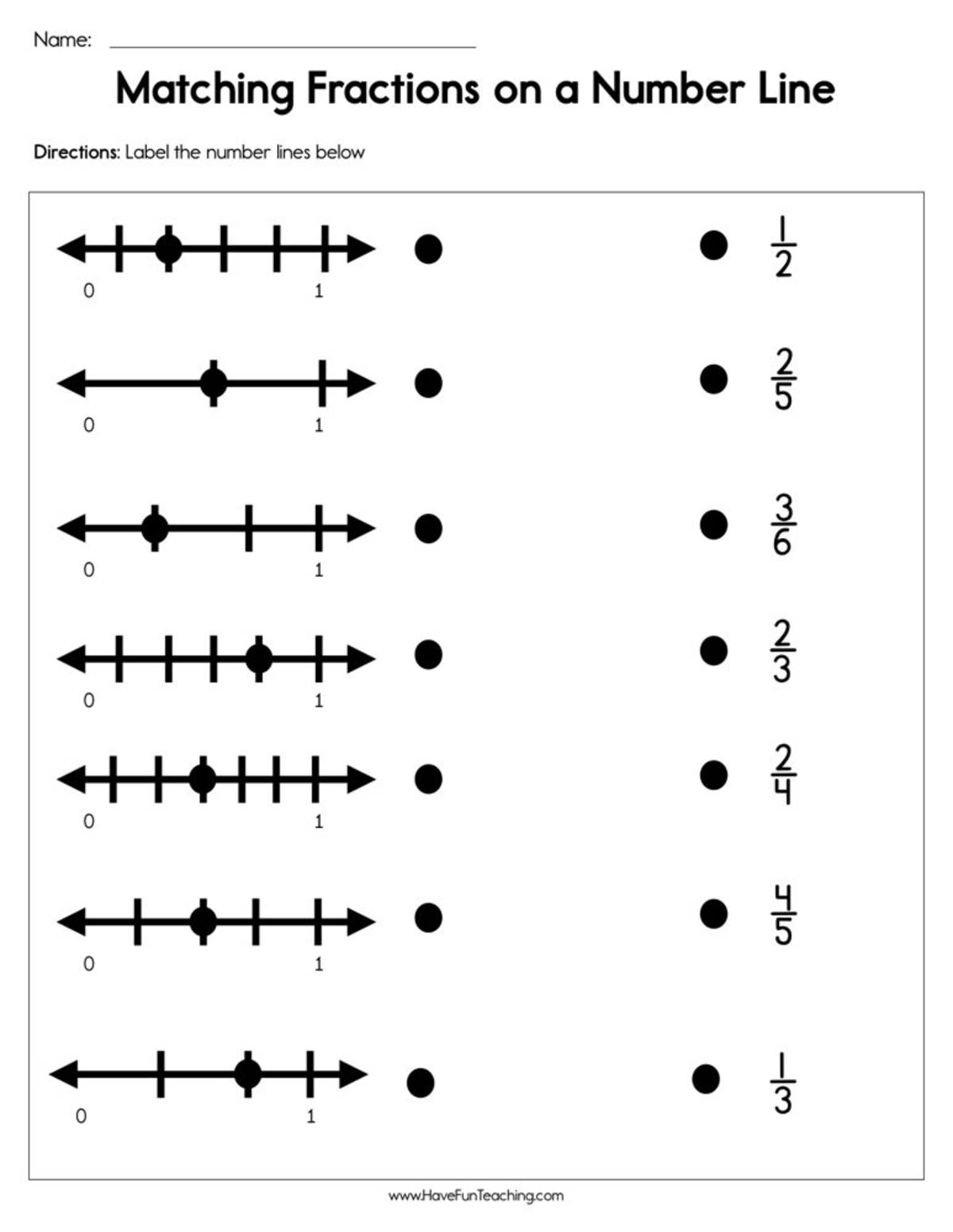 An educational teaching resource from Have Fun Teaching entitled Matching Fractions on a Number Line Worksheet downloadable at Teach Simple.