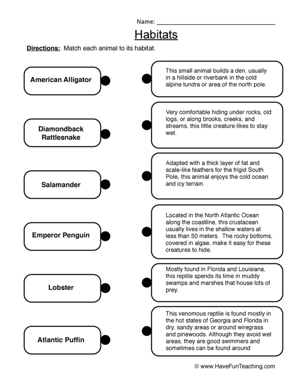 An educational teaching resource from Have Fun Teaching entitled Matching Habitats Worksheet downloadable at Teach Simple.
