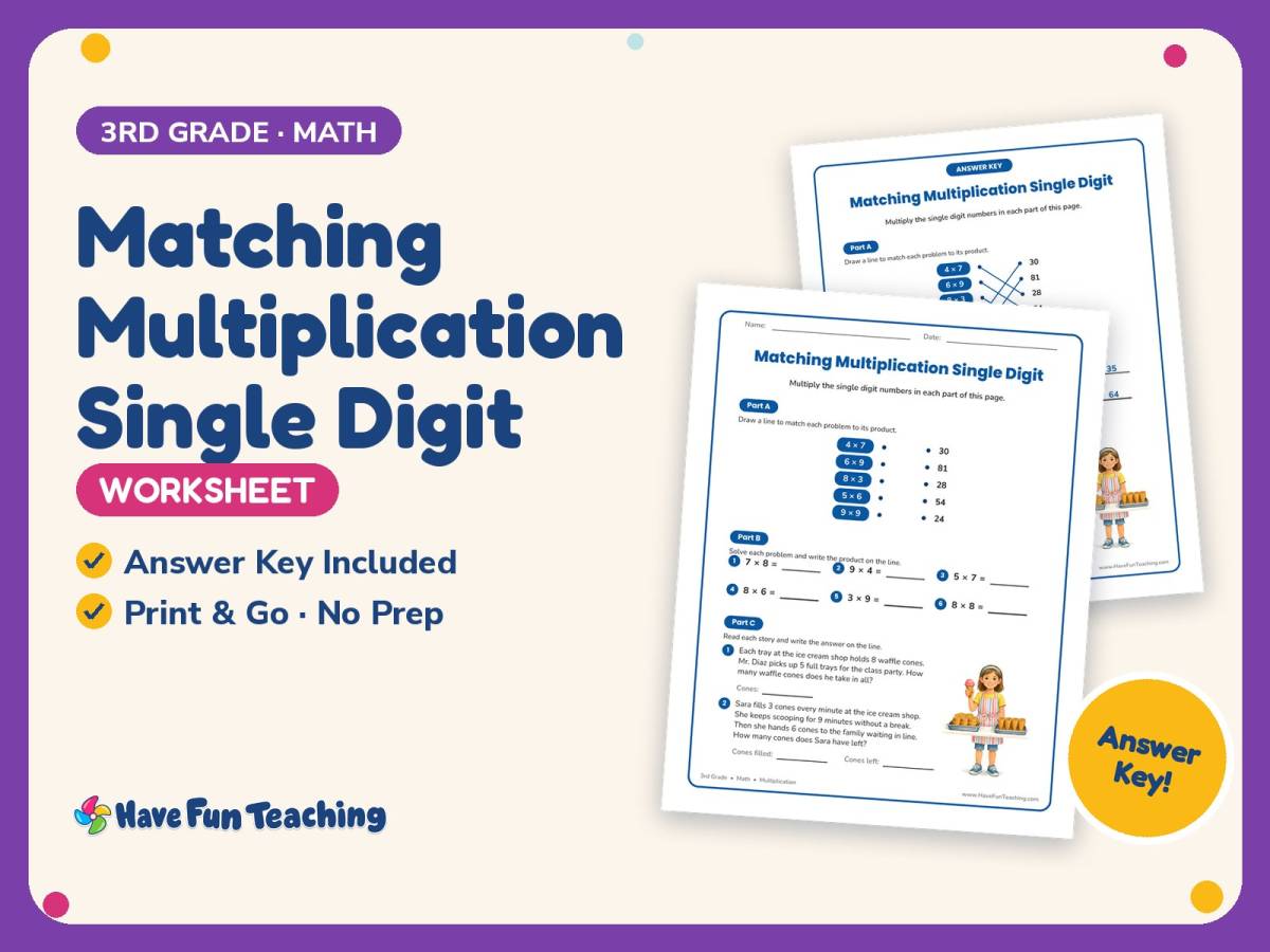 Matching Multiplication Single Digit Worksheet – 3rd Grade Practice preview