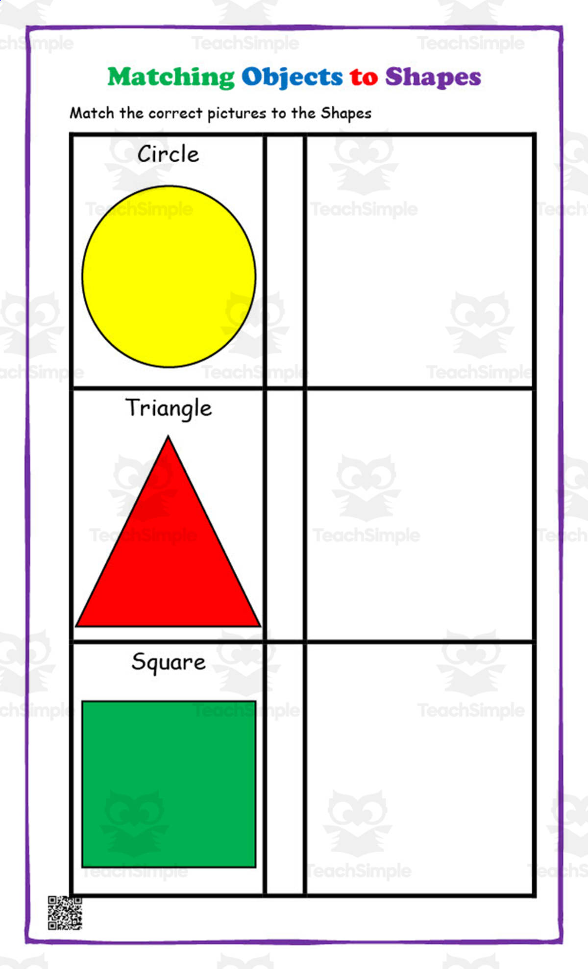 An educational teaching resource from KD's Kids School Shop entitled Matching Objects to Shapes Activity downloadable at Teach Simple.