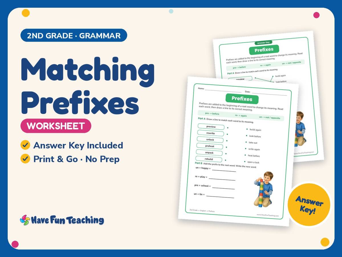 Matching Prefixes Worksheet – 2nd Grade Grammar Practice + Answer Key preview
