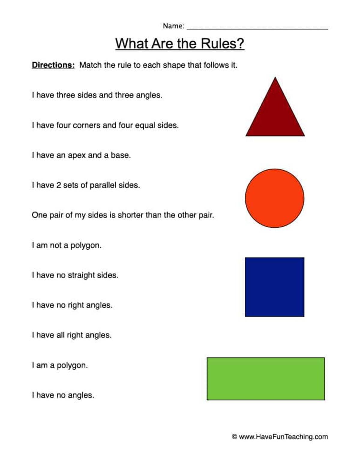 An educational teaching resource from Have Fun Teaching entitled Matching Shape Attributes Worksheet downloadable at Teach Simple.