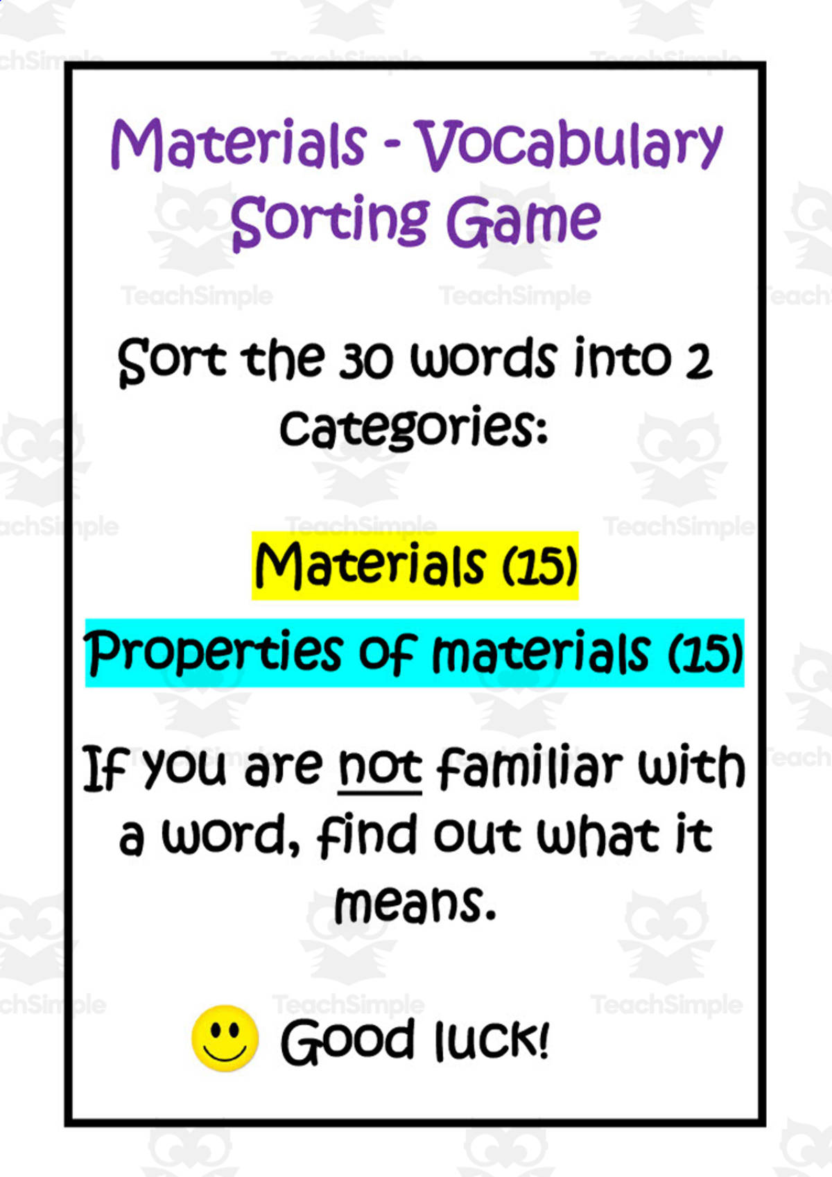 An educational teaching resource from Elementary Resources 4 U entitled Materials and Properties of Materials Sorting Activity downloadable at Teach Simple.