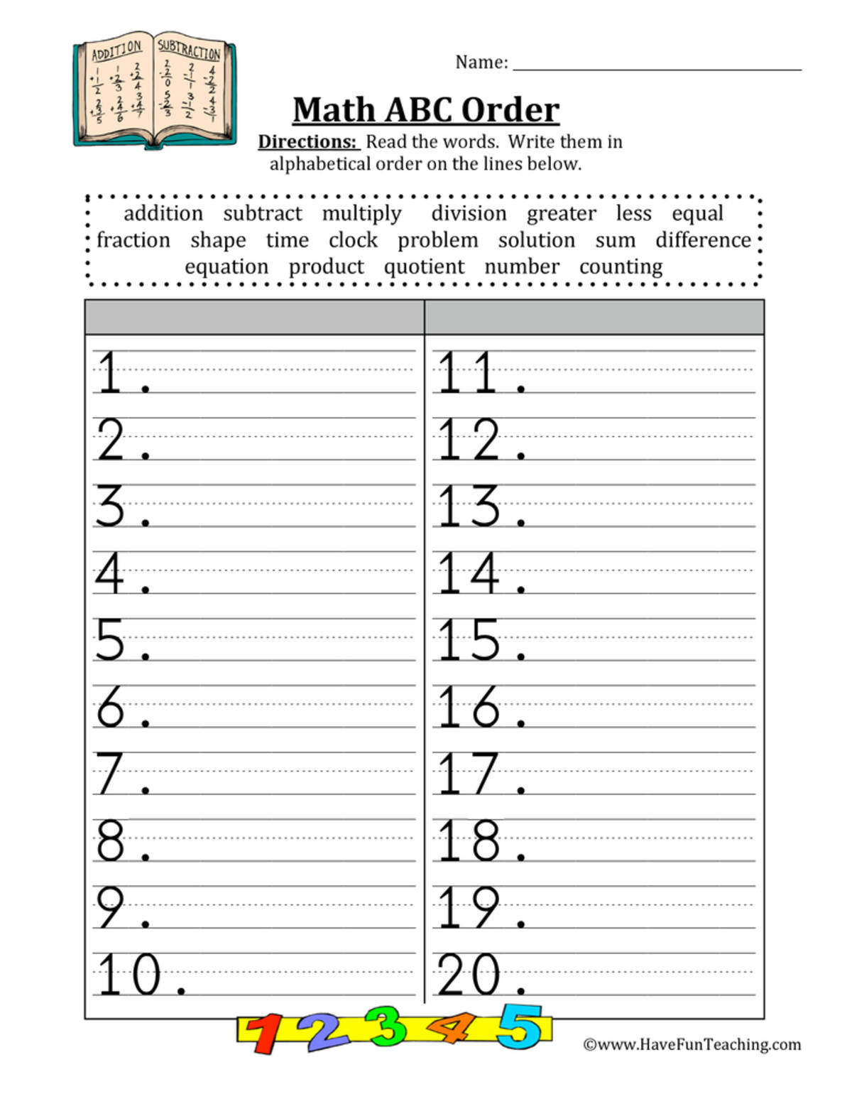 An educational teaching resource from Have Fun Teaching entitled Math Alphabetical Order Worksheet downloadable at Teach Simple.