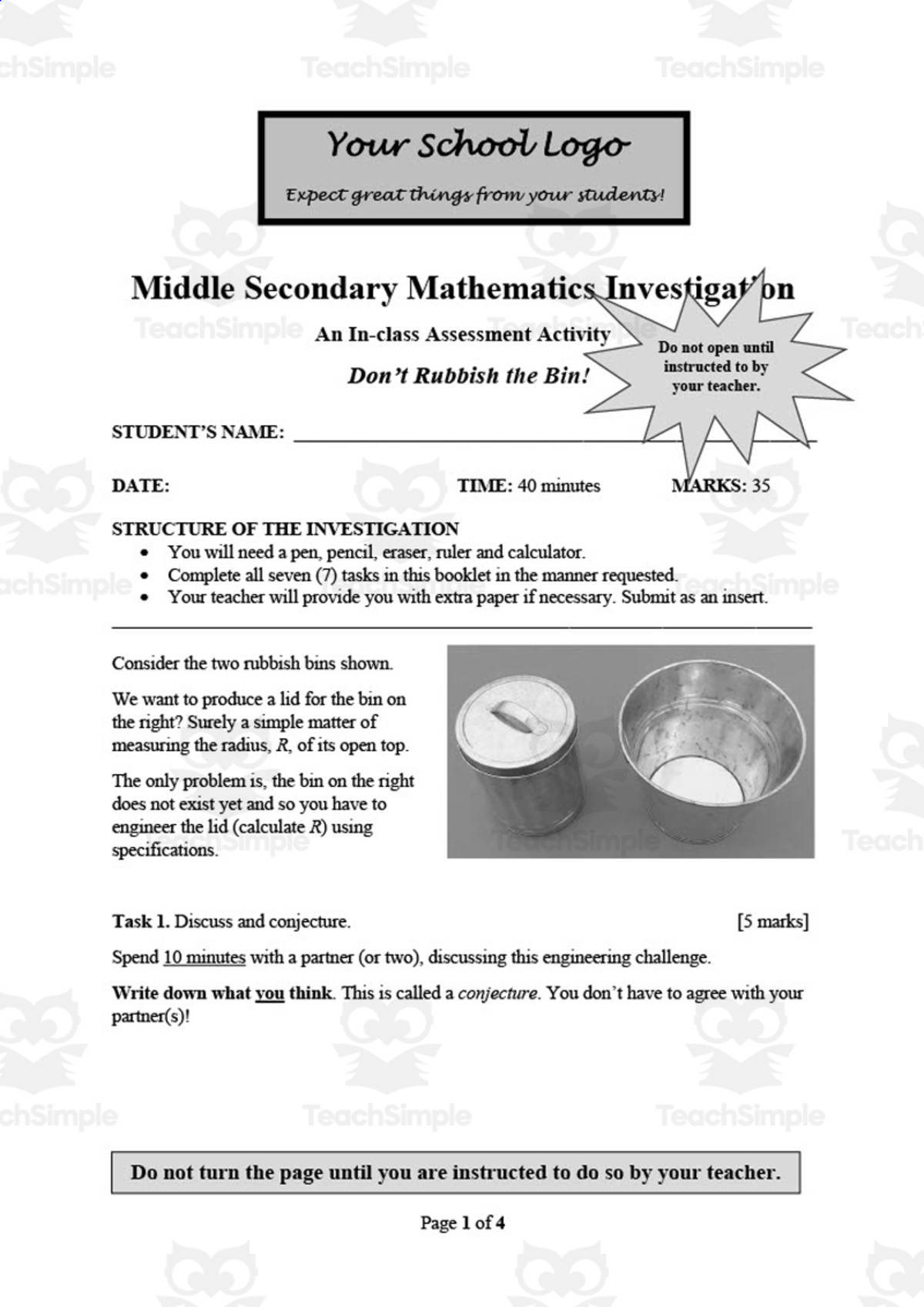 An educational teaching resource from So, what if ... by Ian F Hailes entitled Math Assessment Activity: Don't Rubbish the Bin downloadable at Teach Simple.