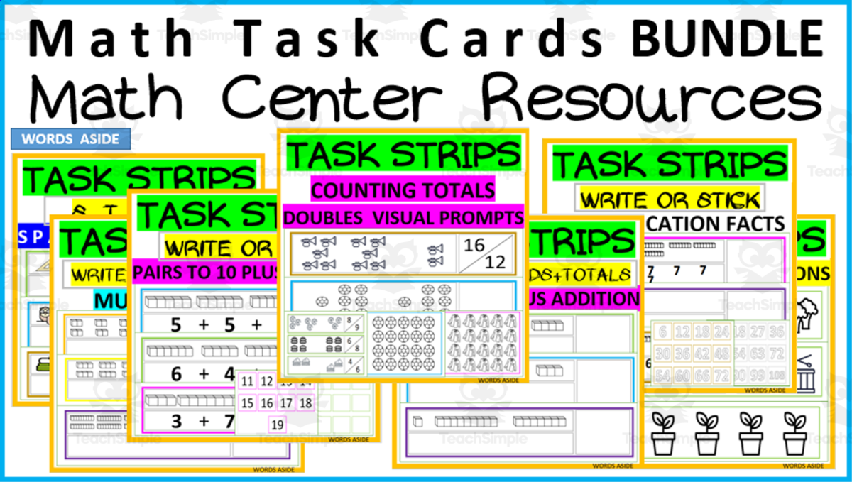 An educational teaching resource from WORDS ASIDE entitled Math Center Task Cards Resource BUNDLE downloadable at Teach Simple.
