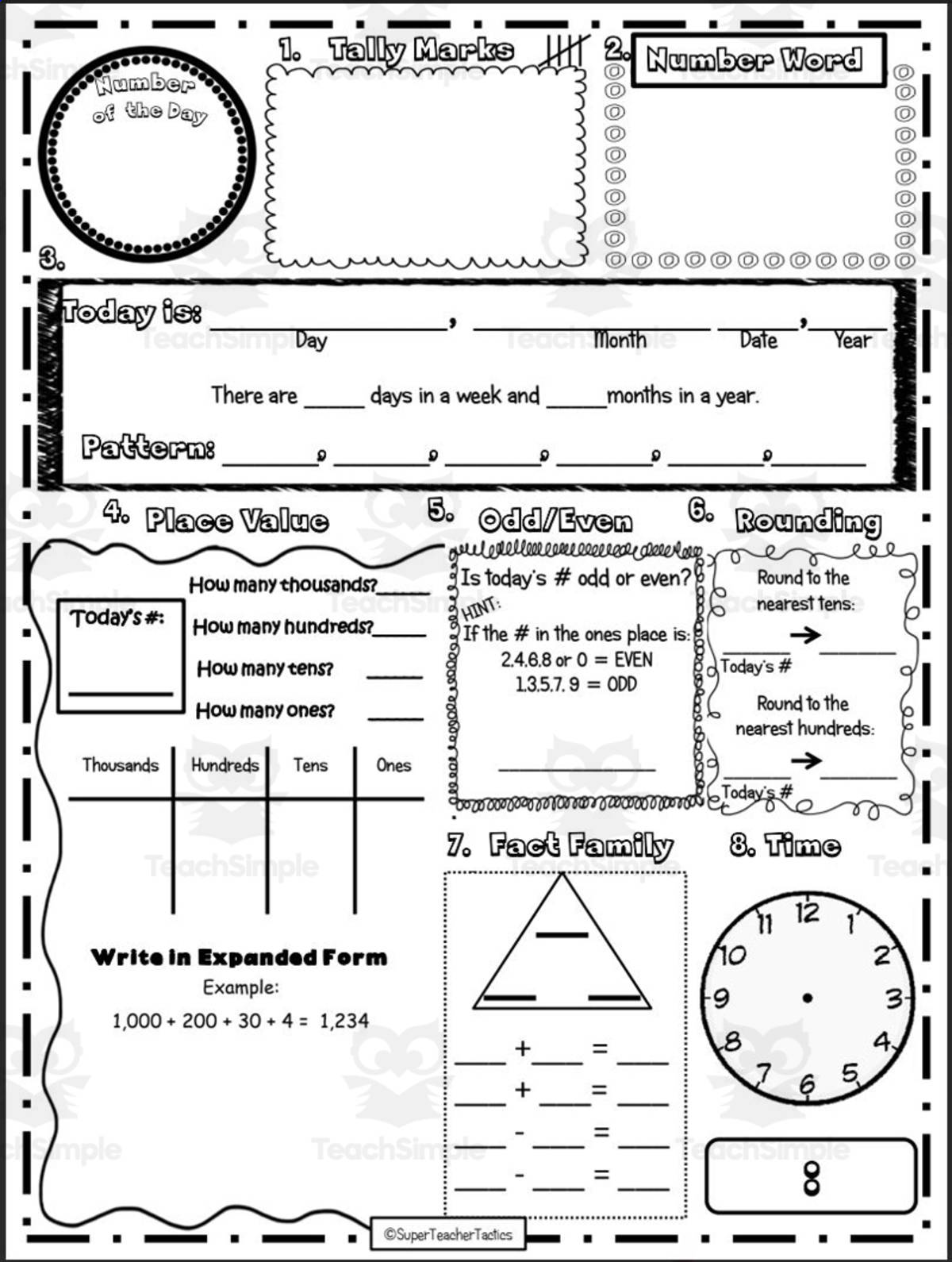 An educational teaching resource from Super Teacher Tactics entitled Math Concepts: Number of the Day Sheet downloadable at Teach Simple.