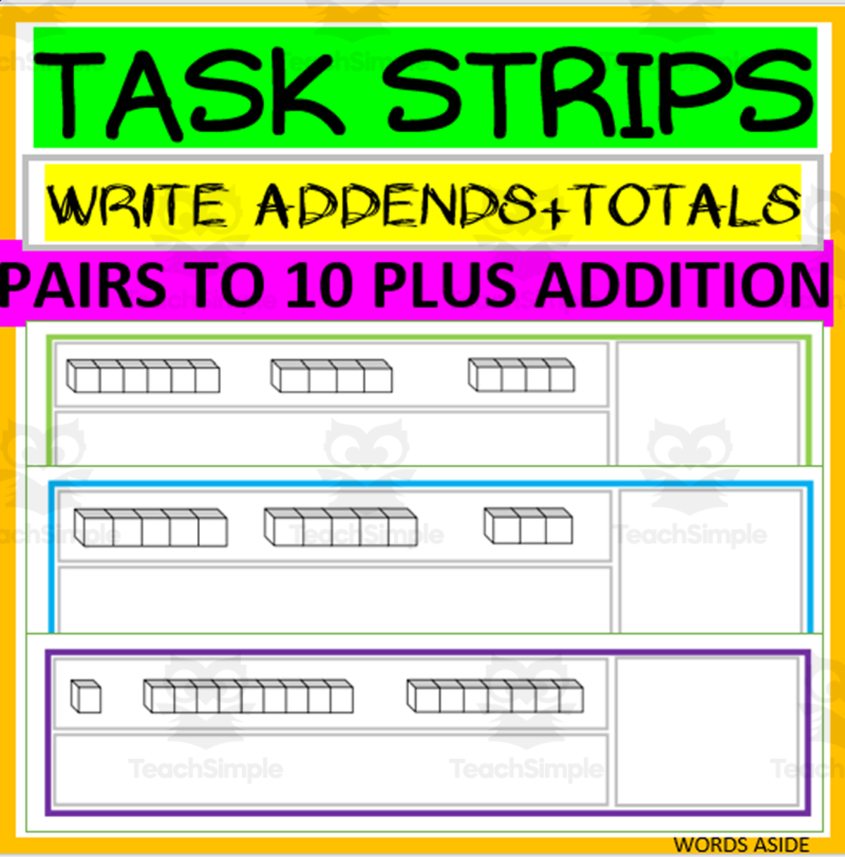 An educational teaching resource from WORDS ASIDE entitled MATH CUBE STRIPS -NUMBER 10 PAIRS PLUS -3 ADDENDS ADDITION FACTS downloadable at Teach Simple.