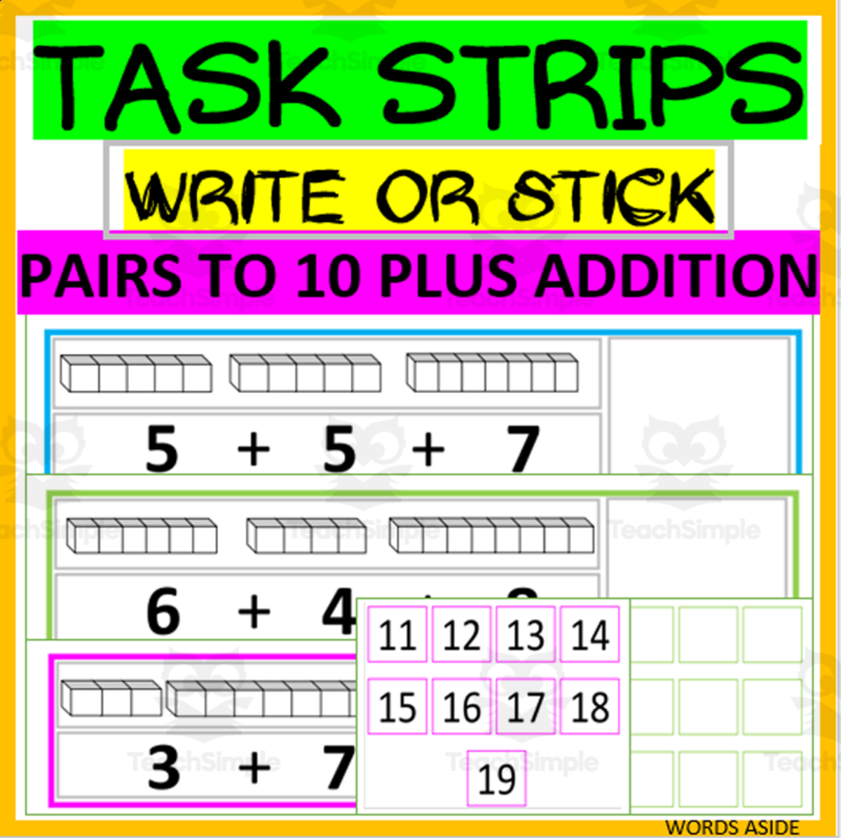 An educational teaching resource from WORDS ASIDE entitled MATH CUBE STRIPS- NUMBER 10 PAIRS PLUS -WRITE OR STICK- 3 ADDENDS ADDITION FACTS downloadable at Teach Simple.