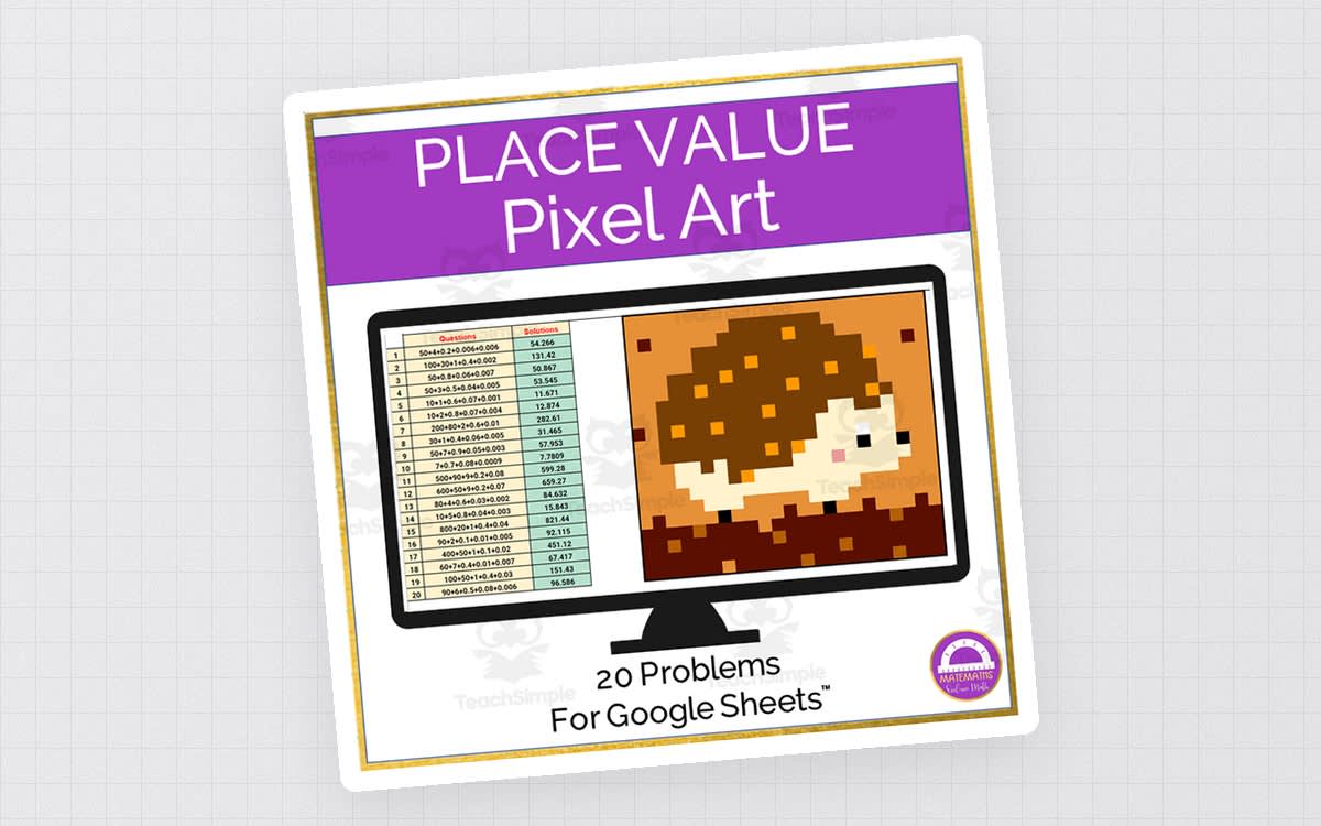 An educational teaching resource from Matemaths entitled Math Decimal Place Value Pixel Art Activity Google Sheet downloadable at Teach Simple.