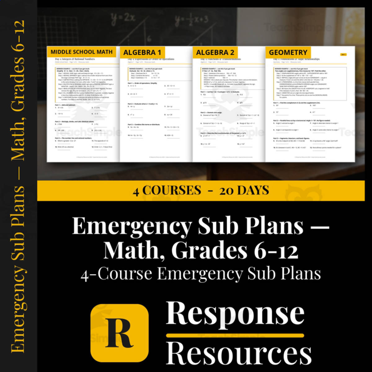 Math Emergency Sub Plans BUNDLE - 4 Courses Grades 6-12, 20 Days preview