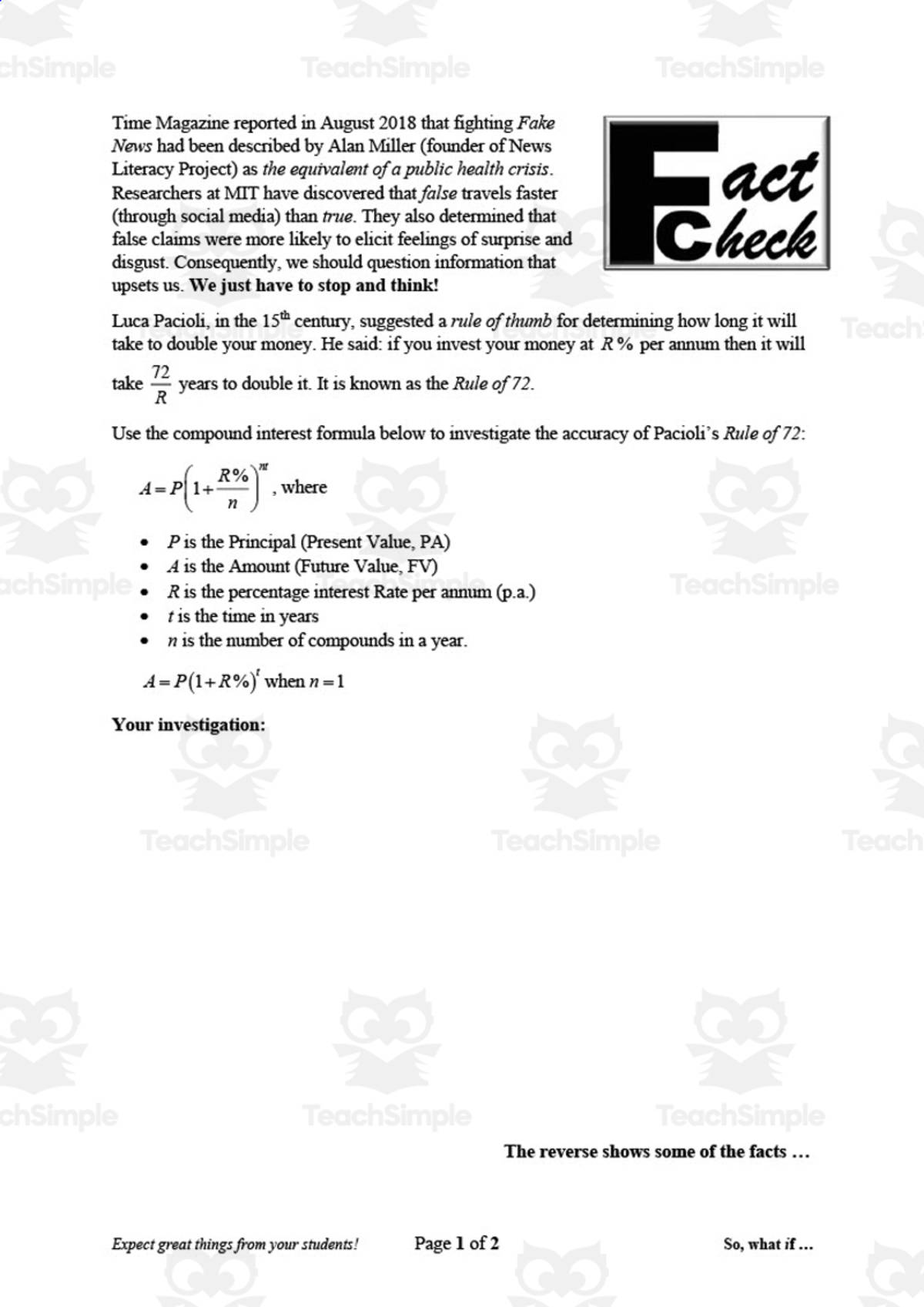 An educational teaching resource from So, what if ... by Ian F Hailes entitled Math Fact Check: Rule of 72 downloadable at Teach Simple.