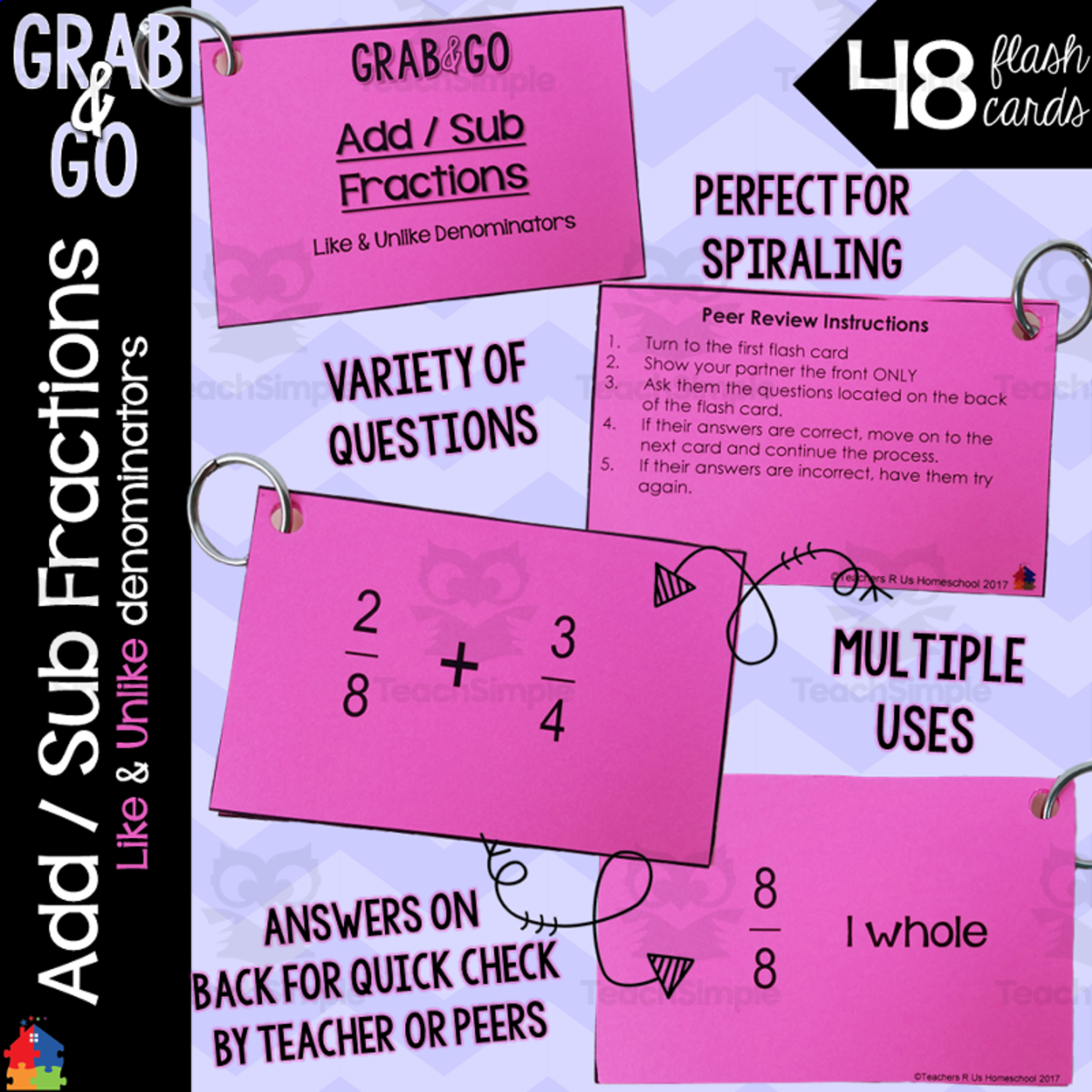 An educational teaching resource from Teachers R Us Homeschool entitled Math Flash Cards | Add and Subtract Fractions w/ Like & Unlike Denominators downloadable at Teach Simple.