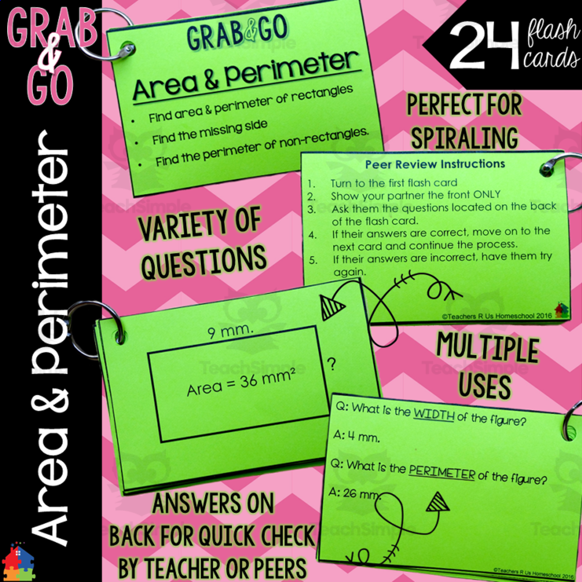 An educational teaching resource from Teachers R Us Homeschool entitled Math Flash Cards | Area and Perimeter downloadable at Teach Simple.