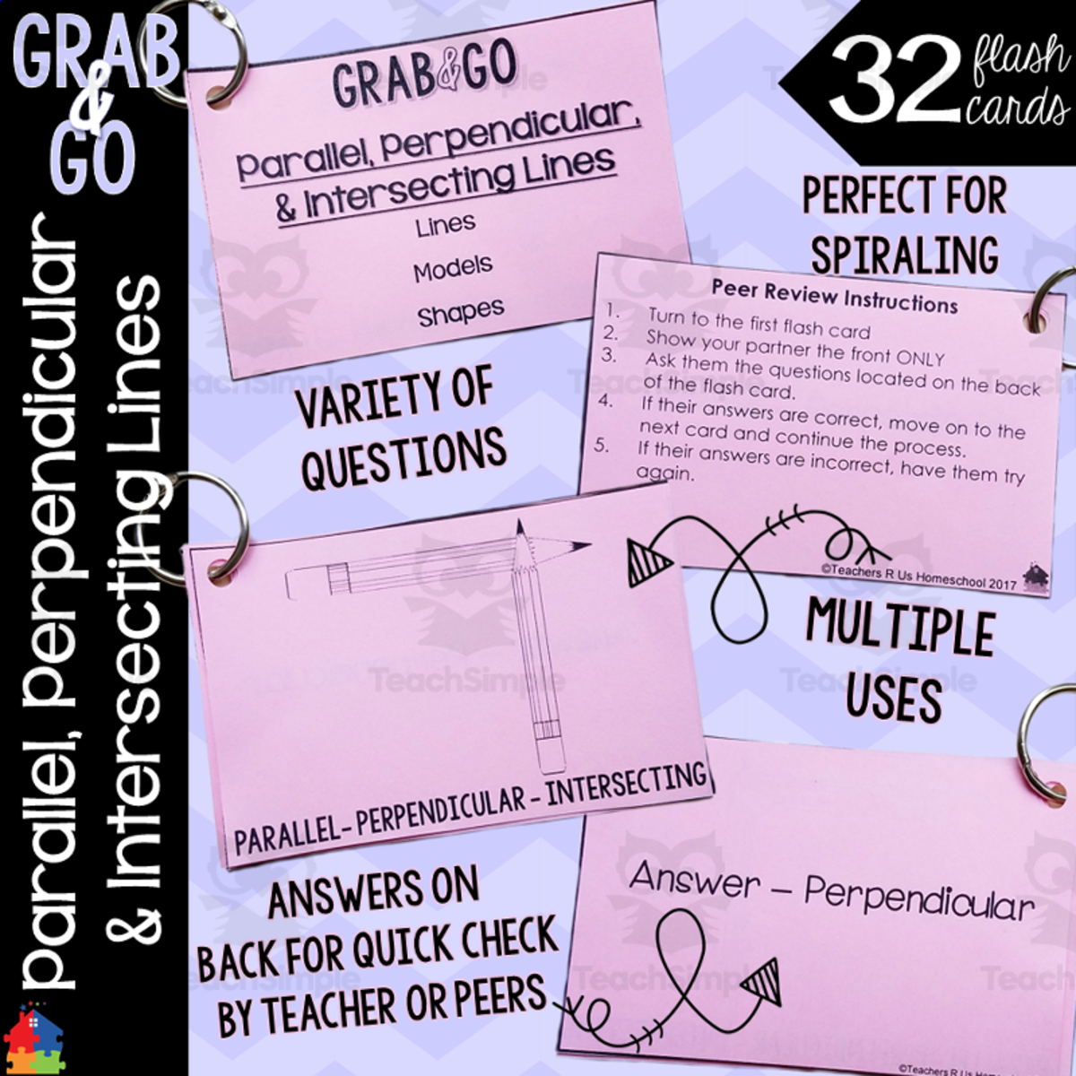 An educational teaching resource from Teachers R Us Homeschool entitled Math Flash Cards | Parallel, Perpendicular & Intersecting Lines downloadable at Teach Simple.