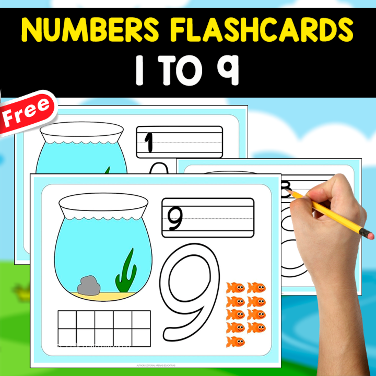 An educational teaching resource from EDITORIAL LAURA EDUCA entitled MATH FLASHCARDS OF THE NUMBERS | 1 TO 9 | FISH THEMED downloadable at Teach Simple.