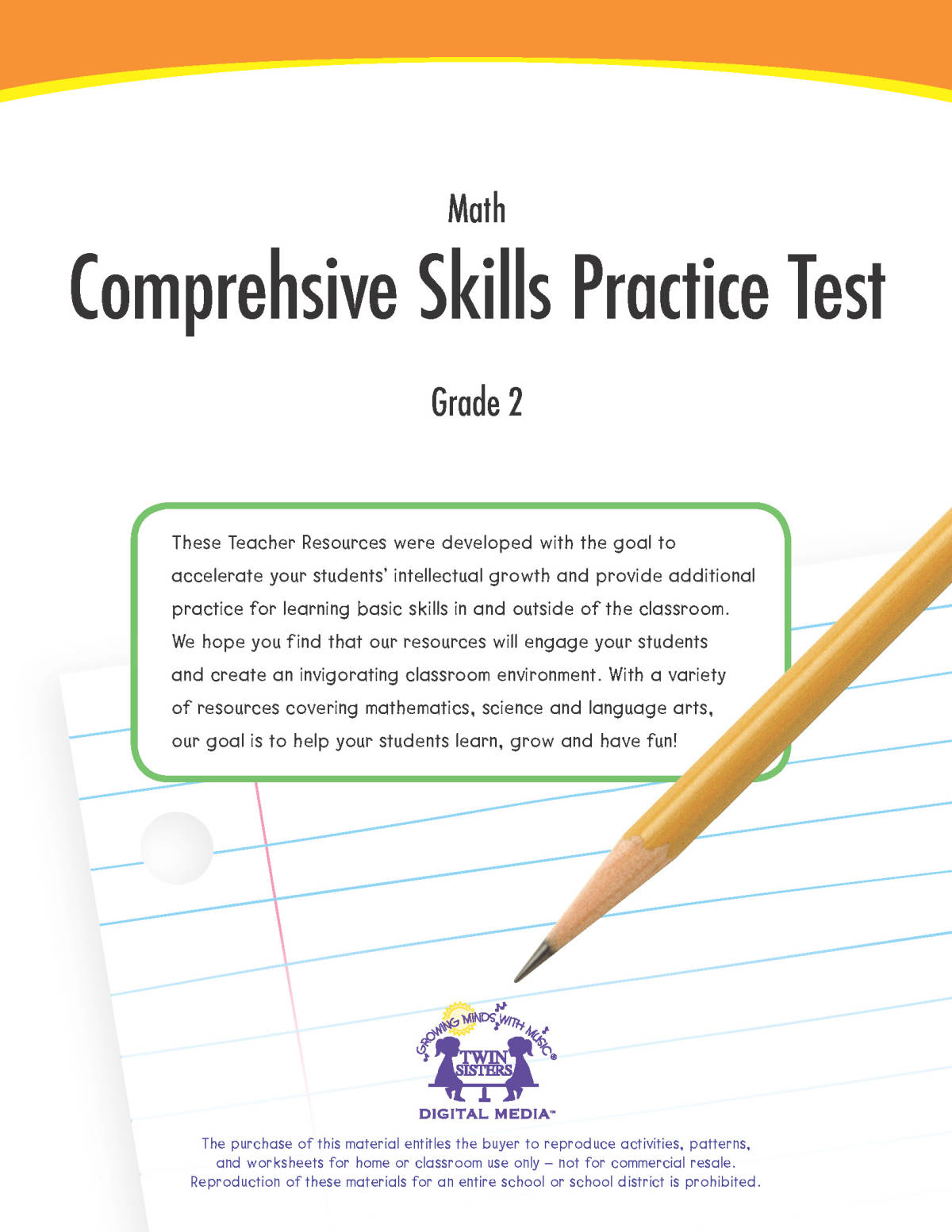 An educational teaching resource from Twin Sisters Digital Media entitled Math Grade 2: Comprehensive Skills Practice Test downloadable at Teach Simple.