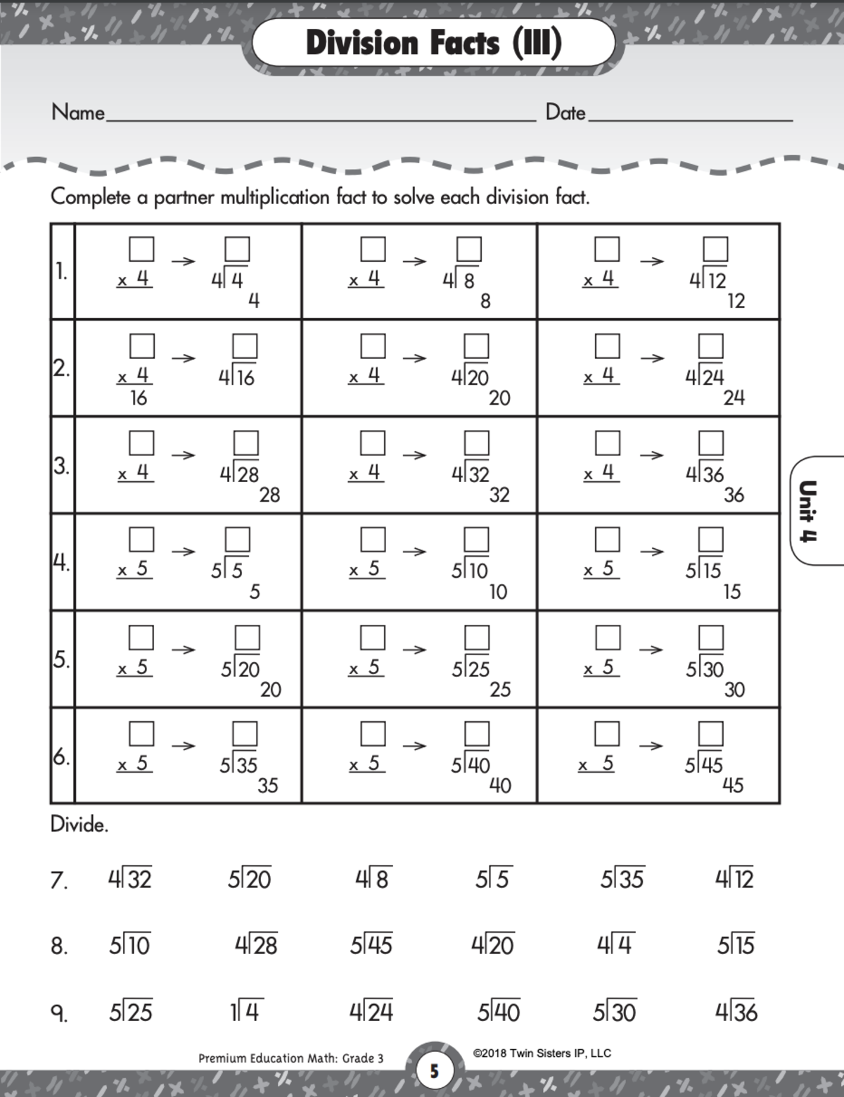 An educational teaching resource from Twin Sisters Digital Media entitled Math Grade 3: Division Facts to 9 and Fractions Printable Workbook downloadable at Teach Simple.