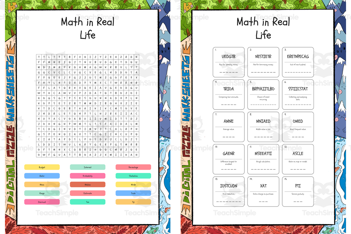 An educational teaching resource from Lapiiin Art Activities entitled Math in Real Life word search, scramble and crossword puzzle downloadable at Teach Simple.