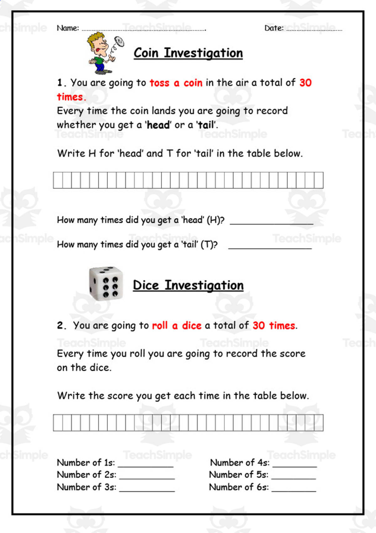 An educational teaching resource from Elementary Resources 4 U entitled Math Investigations Worksheet downloadable at Teach Simple.