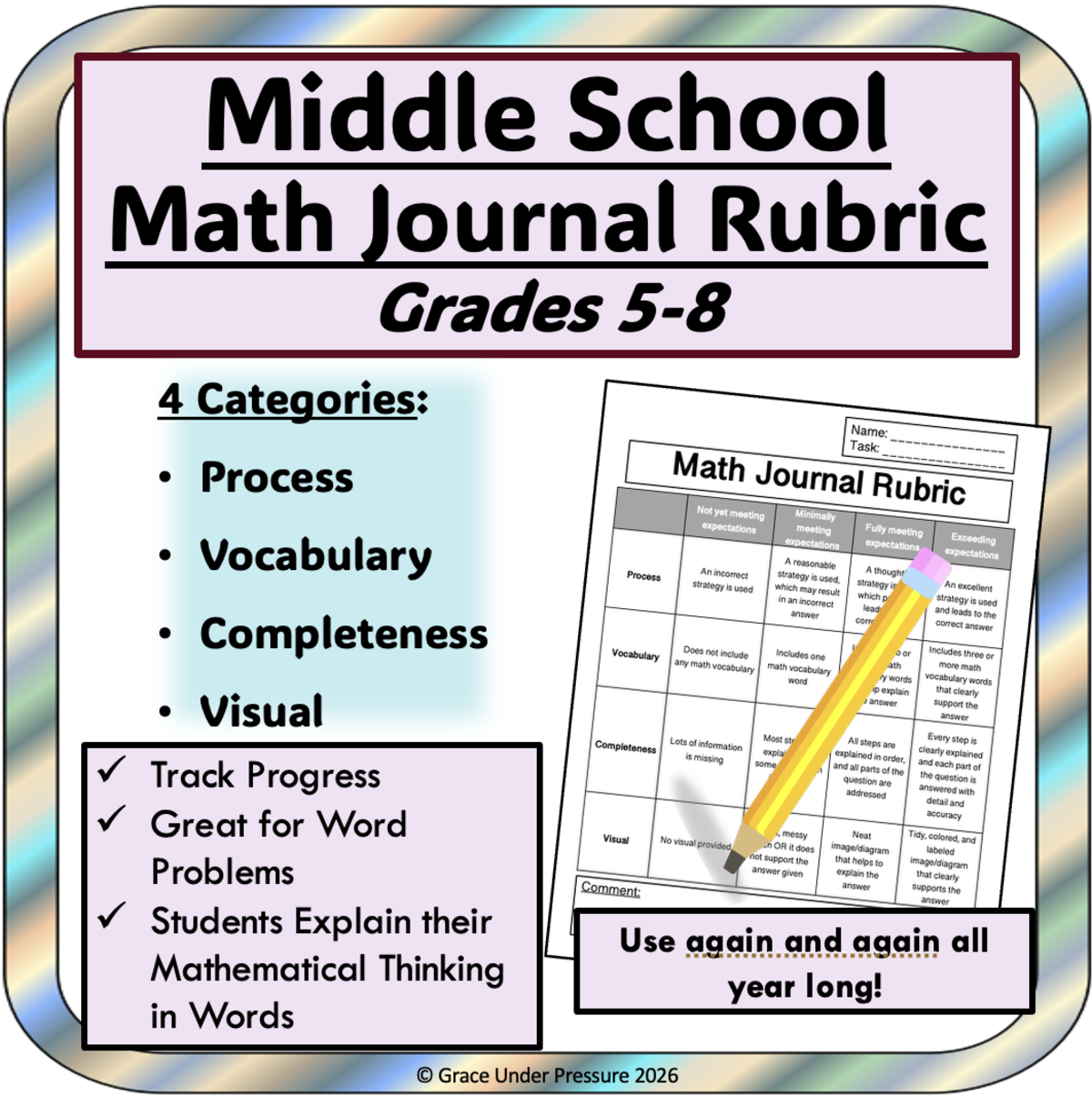 An educational teaching resource from Grace Under Pressure entitled Math Journal Rubric Assess Middle School Math Word Problems & Journals downloadable at Teach Simple.