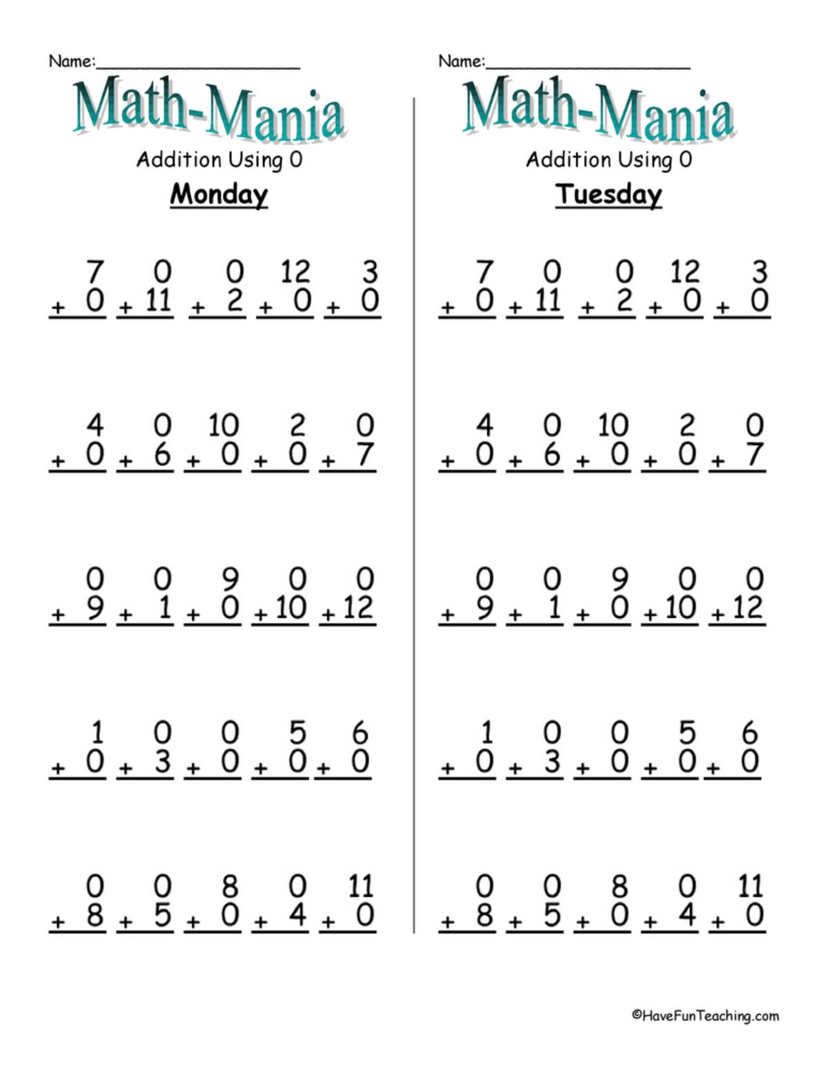 An educational teaching resource from Have Fun Teaching entitled Math Mania Addition Daily Test Practice downloadable at Teach Simple.