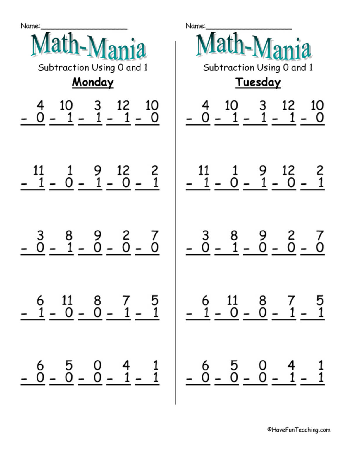 An educational teaching resource from Have Fun Teaching entitled Math Mania Subtraction Daily Test Practice downloadable at Teach Simple.
