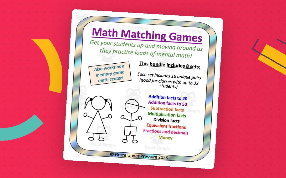 An educational teaching resource from Grace Under Pressure entitled Math Matching Games: 8 Sets of Math Fact Cards for Addition, Subtraction, Multiplication, Division, Fractions, Decimals, and Money downloadable at Teach Simple.