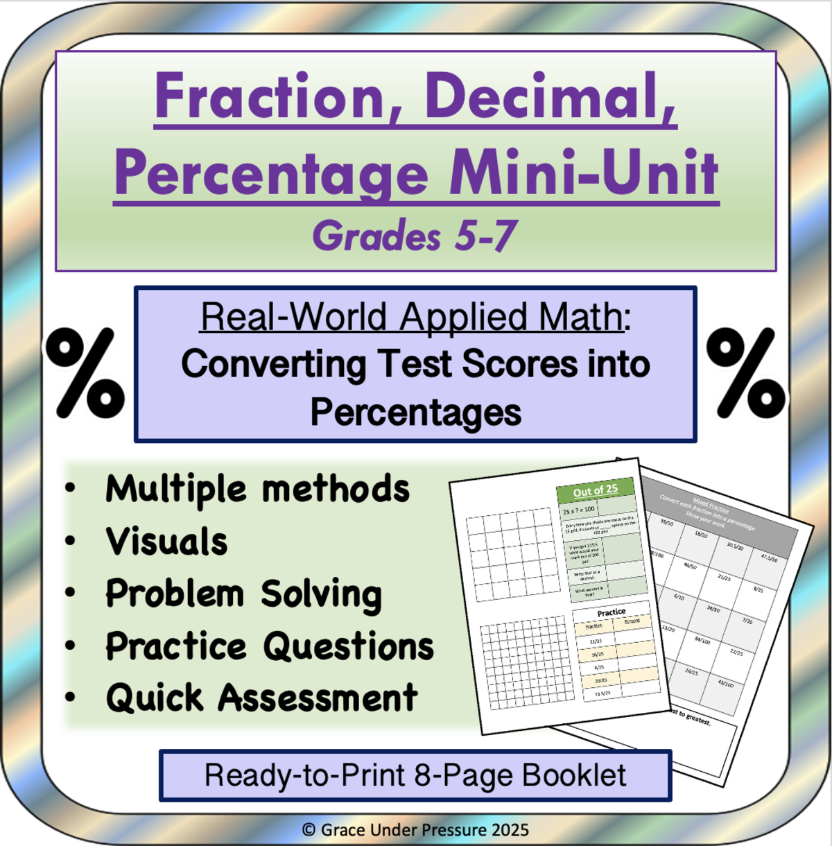 An educational teaching resource from Grace Under Pressure entitled Math Mini Unit: Real World Percentages: Converting Test Scores downloadable at Teach Simple.
