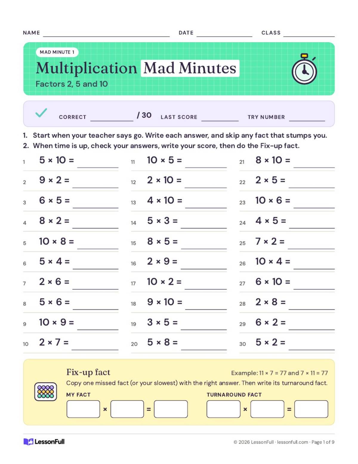 Math Multiplication Mad Minutes Activity! preview: Ordered multiplication fact sets (factors 2-9)