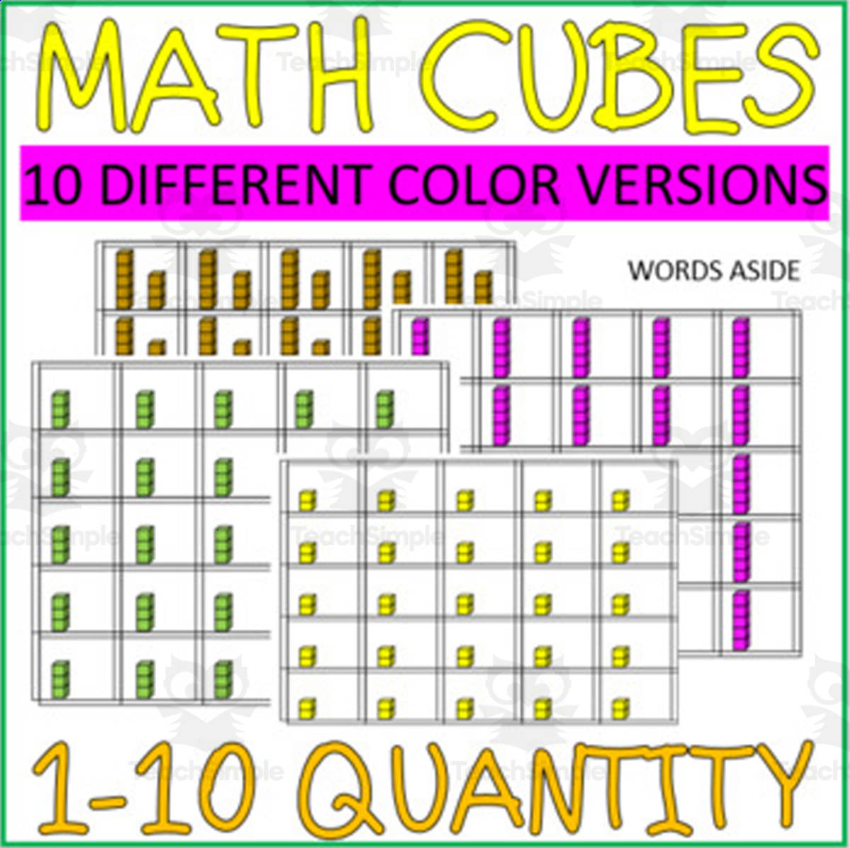 An educational teaching resource from WORDS ASIDE entitled MATH NUMBER QUANTITY CUBES 1-10 |TEN COLOR VARIATIONS downloadable at Teach Simple.