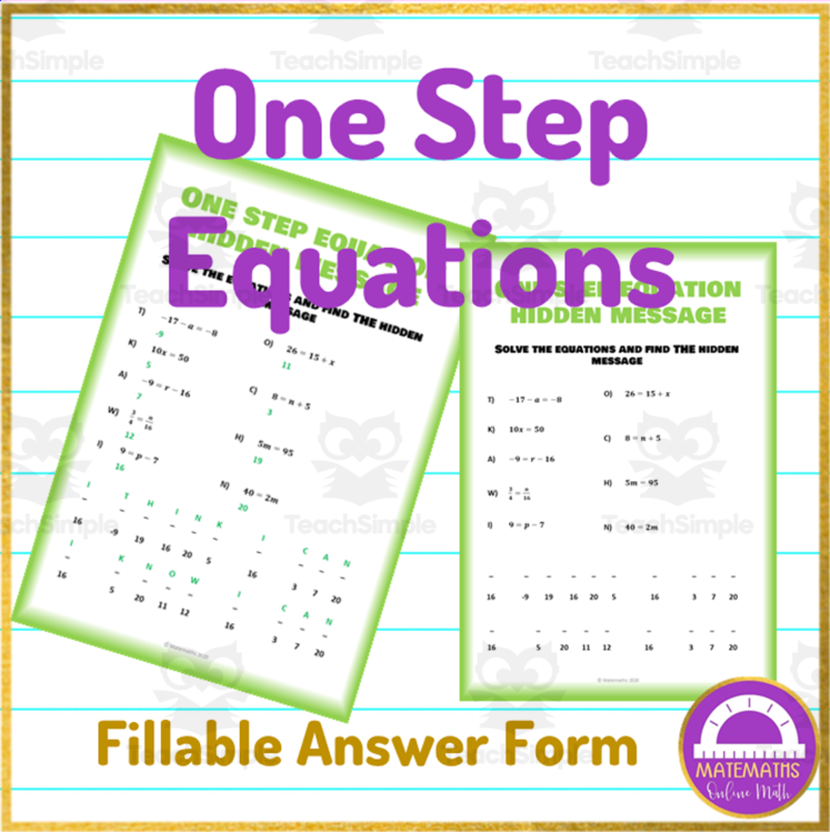 An educational teaching resource from Matemaths entitled Math One Step Equations Activity Worksheet downloadable at Teach Simple.