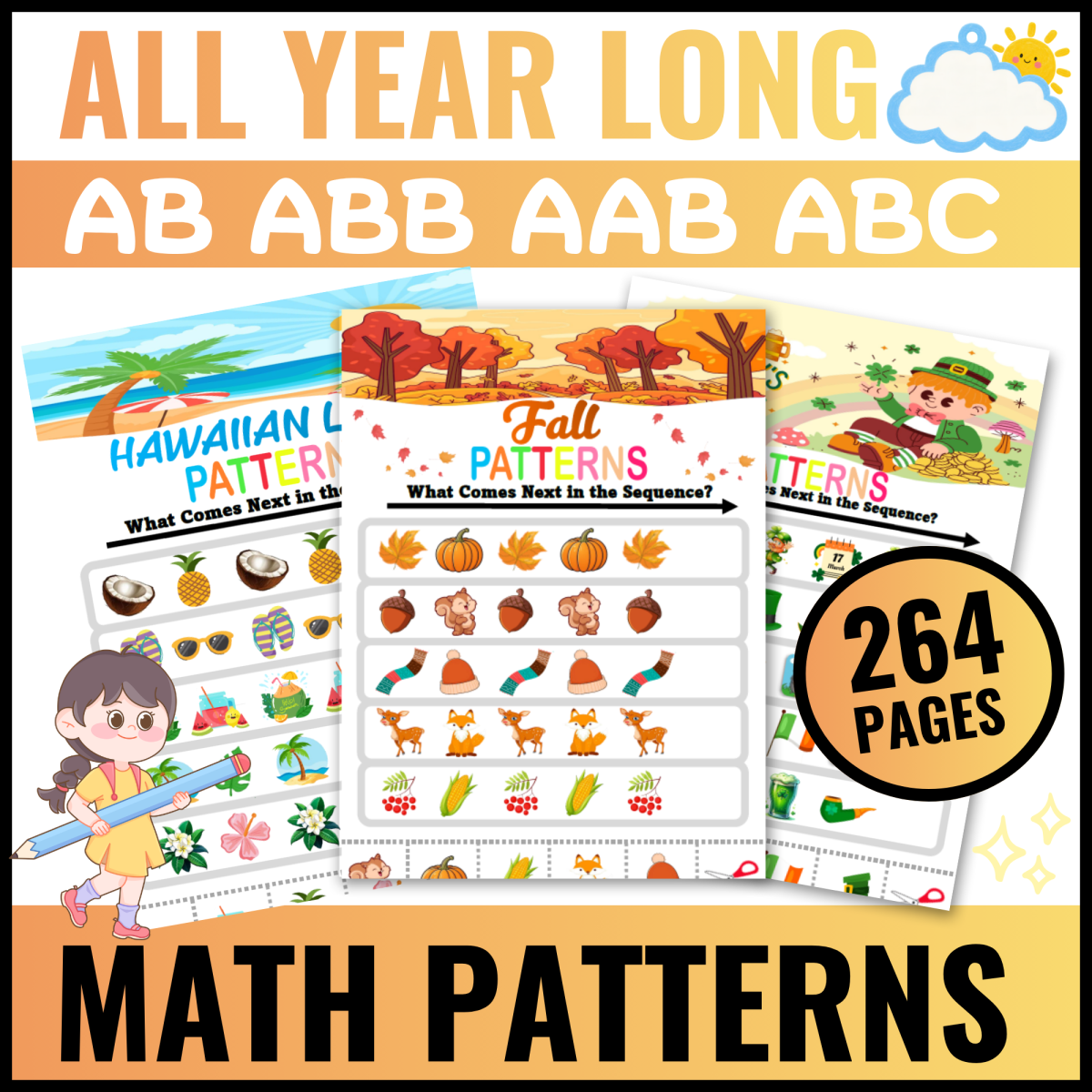 An educational teaching resource from Bambolina55 entitled Math Patterns Worksheets Bundle for K - PreK AB ABB AAB ABC | All Year downloadable at Teach Simple.